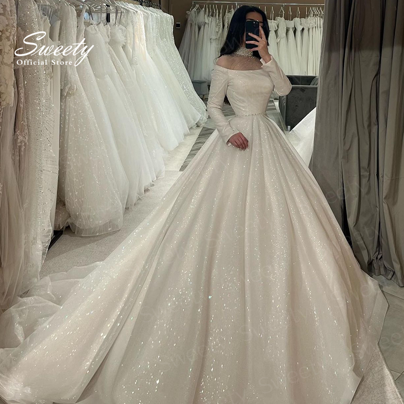 Bridal Sash Ribbon - High-Neck Wedding Dress Organza With Embroidery